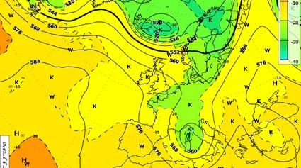 Höhenanalysekarte 500 hPa Höhe/Temperatur Europa
